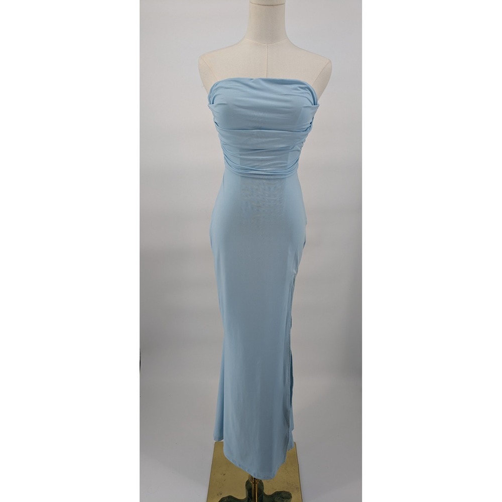 HTZMO Strapless Ruched Bodycon Midi Dress Small Light Blue Side Slit 90s Y2K NWT